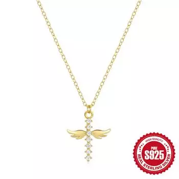 S925 Sterling Silver Full Diamond Cross Necklace Niche Design Angel Wing Pendant Collarbone Chain 925 silver золотой