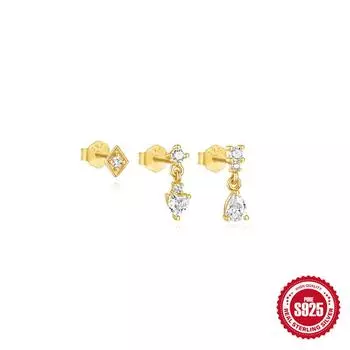 S925 Sterling Silver Geometric Zircon Tassel Daily Wear Stud Earrings Set Three-Piece Set 925 Silver