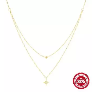 S925 Sterling Silver Jewelry Personalized Double-Layer Small Silver Ball Pendant Necklace Octagram Fashion Necklace Women 925 silver золотой