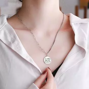 S925 Sterling Silver Letter Round Plate Pendant Necklace Ins Hip-hop Wild Clavicle Chain