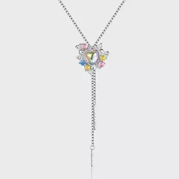S925 sterling silver textured moonstone love pull necklace inlaid with colored diamonds cute bow fringed collarbone chain