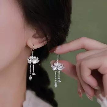 S999 Полностью серебряные серьги-крючки Lotus, женские, новые, Guo Feng, длинные серьги-кисточки из стерлингового серебра Lotus, серьги, удерживающие ухо