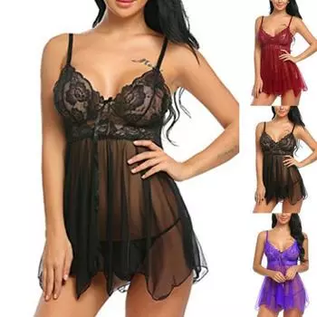 S-4XL сексуальное женское кружевное нижнее белье Babydoll, ночная рубашка, прозрачная одежда для сна, ночная рубашка, мини-платье S чёрный