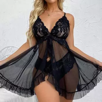 S-4XL сексуальное женское кружевное нижнее белье Babydoll, ночная рубашка, прозрачная одежда для сна, ночная рубашка, мини-платье L черный кожаный жакет