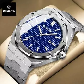 С подарочной коробкой Binbond Деловые кварцевые часы Многофункциональные мужские часы со стальным ремнем Простые модные часы Мужские кварцевые часы