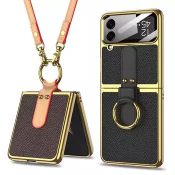 С ремешком для Samsung Galaxy Z Flip 4 5g Flip4 чехол с кольцом для пальца, задняя крышка, пластиковая задняя линза камеры, закаленное стекло For Galaxy Z Flip 4 фиолетовый