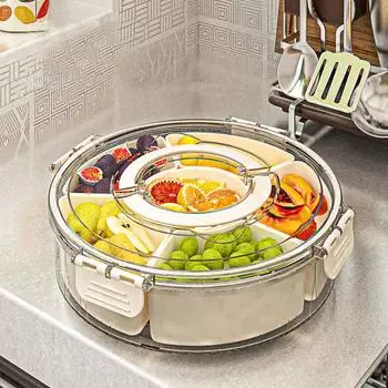 С ручкой, вращающийся лоток для фруктов с шестью отделениями, герметичный, влагостойкий, портативный, современный, круглый, для дома, с крышкой