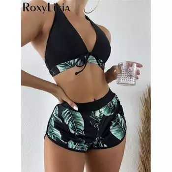 S - XL с пляжными шортами, бикини с принтом, женский купальник, женские купальники, комплект бикини из трех частей, купальный костюм для плавания S синий