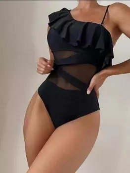 S-XL сексуальный сетчатый цельный купальник однотонный спортивный купальник на одно плечо с оборками и кружевом с высокой талией купальный костюм пляжный монокини с открытой спиной S белый