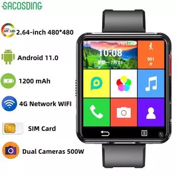 SACOSDING Новые 4G Speed Smart Watch 2,64-дюймовый большой экран Двойная камера 24-часовой непрерывный монитор сердечного ритма сна Игровые умные часы Водонепроницаемые мужские