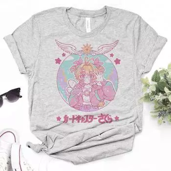 Sakura Card Captor топ женский дизайнер летняя футболка Y2K женская дизайнерская манга одежда 2000-х годов S чёрный