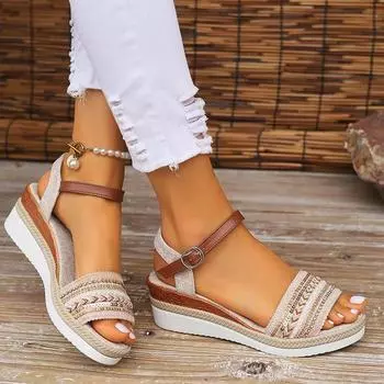 Сандалии в стиле casual de mujer tejida con plataforma и cua con hebilla, zapato ligero antideslizante para caminar 2024 43 хаки