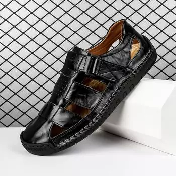 Сандалии Fashion2024, новые летние легкие мужские туфли из натуральной кожи, удобные пляжные сандалии для отдыха на природе, модная повседневная обувь, кроссовки 38 чёрный