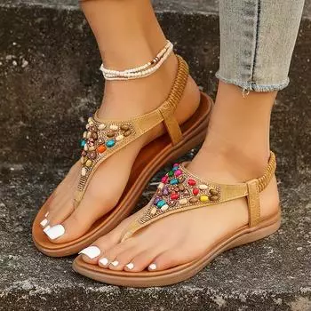 Сандалии Lucyever на плоской подошве в стиле бохо для женщин 2024 года, летние сандалии больших размеров с застежкой на носке, женские нескользящие босоножки на платформе в римском стиле 36 бежевый