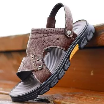 Sandals cowhide breathable soft sole one pedal dual-purpose driving dad shoes wear casual beach shoes 38 чёрный