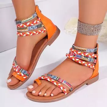 Sandals Ethnic Tassels Flat Ankle Strap Fish Mouth Open Toe Canvas Shallow Cut Summer Slippers Women s Shoes Fashion 35 чёрный
