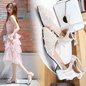 Sandals for Woman Beige Footwear Pointed Toe Summer 2024 with Medium Heels Strap Women s Shoes Korea on Offer The Best Shoe H F 35