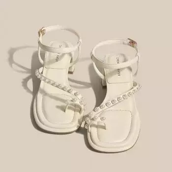 Sandals for Woman Flip-flops Women s Shoes Chunky Summer 2024 Block Heel Footwear with Medium Heels Rhinestones Thick Beige Sale 35