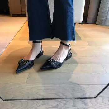 Sandals for Women with Low Heels Square Summer 2024 Closed Ladies Shoes Pointed Toe Footwear Strap Beige Korea on Offer Vintage 34