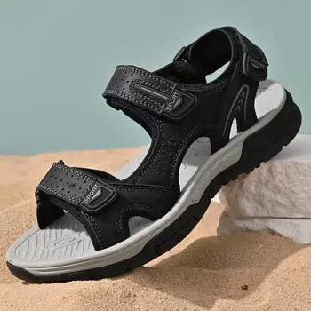 Sandals men s 2024 new summer hollow breathable leather beach shoes, light soft sole Velcro casual shoes 38 чёрный