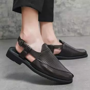 Sandals men s 2025 summer new hole shoes business casual shoes breathable hollow pointed men s shoes bag head Shoes 38 чёрный