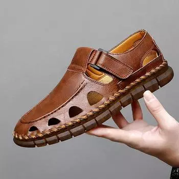 Sandals men s hand-stitched outdoor leather hole shoes summer large size casual breathable hollow beach 38