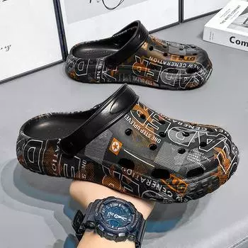 Sandals men s new breathable bag head drag printed slippers men s casual beach shoes hole shoes men s 39 чёрный