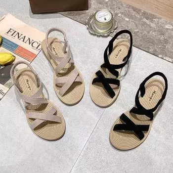 Sandals Women s 2019 Summer New Korean Version Versatile Flat Heel Flat Bottom Open Toe Simple One-word Buckle Student Roman Shoes 35 чёрный
