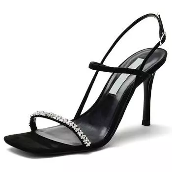 Sandals women s summer 2025 new thin heel square head women s black rhinestone high heels design sense niche 34 чёрный