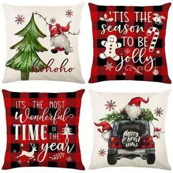 Santa s Red Black Check Linen Printed Pillow Cover Home Living Room Sofa Cushion Cover Bedroom Pillow Cover 45*45cm JYM222-1