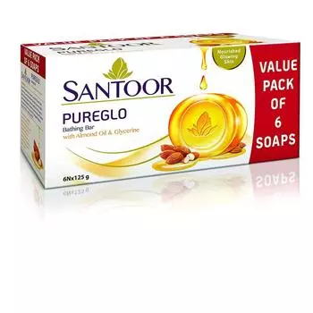 Santoor PureGlo Глицериновое мыло для ванн с миндальным маслом для увлажнения, питания и сияния кожи, 125 г (Упаковка из 6 шт.)