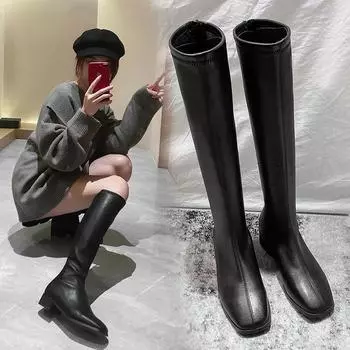 Сапоги для верховой езды на весну и осень, но с молнией сзади до колена, высокие женские сапоги, новые высокие сапоги с трубчатым голенищем, тонкая версия, длинные сапоги 5 бежевый