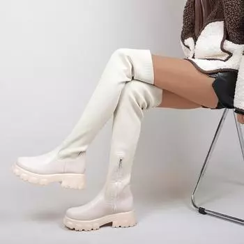 Сапоги женские на платформе, высокие, до колена, трикотажные, эластичные, на толстом каблуке, черные, белые, зимние, большого размера 43, высокие сапоги для женщин 35 белый