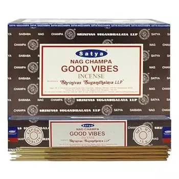 Satya Nag Champa Good Vibes Благовония палочки Agarbatti 180 грамм коробка | 12 упаковок по 15 грамм каждая в коробке | Экспортное качество коричневый