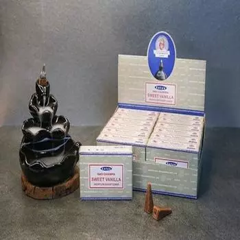 Satya Nag Champa Сладкие ванильные конусы благовоний с обратным потоком для Inscent Waterfall Ароматические Insent Smoke Fountain Haze Falls and Mat Bundle - упаковка из 12 коричневый