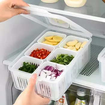 Scallion Preservation Box Plastic Fridge Fresh-Keeping Container with Lid and 6 Grids Draining Crisper Portable Divided Fruit прозрачный
