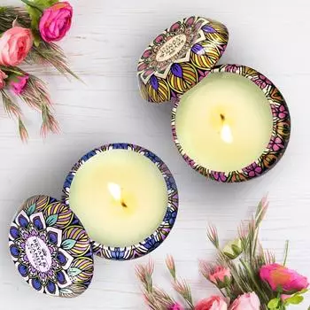 Scented Candles Raksha bandhan Gift for Sister,60gm Each Soy Wax Eco-Friendly Printed Tin, Pack of 2 (Lavender Citrus & Bulgarian Rose)