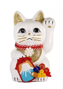 Счастливый кот Фудзи Левосторонний кот Счастливый кот Манеки Кот Фудзияма Украшение Фэн-шуй Коробка для пожертвований Белый Гора. (M-SIZE Белый) Поднятый/Керамический_Lucky (fj_M