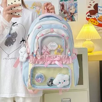 Schoolbag Junior High School Girl Large Capacity Lolita Cartoon Backpack Japanese Style Ins Style High School Student Primary School Backpack Blue Large + puppy pendant