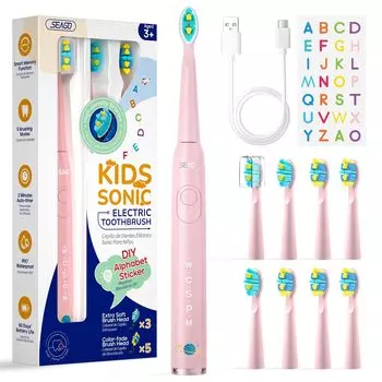 SEAGO Electric Kids Sonic Replacement 8 USB Charger 5 Memory IPX7 для детей от 3 лет и старше Зубная щетка, Зубная щетка, Кисти, Наклейки, Перезаряжаемые,
