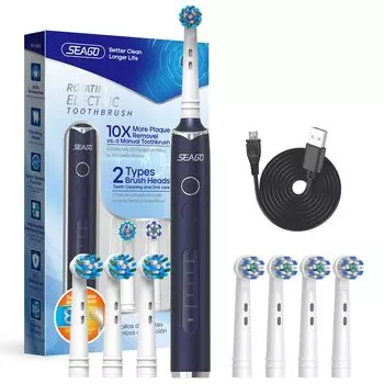 SEAGO Rotary Electric Sonic Double 8 Replacement 5 30 Days 2 Minute Charge Gift for Family Зубная щетка, Зубная щетка, Кнопка, Щетки, Режимы,