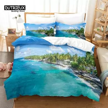 Seaside Beach Bedding Set, 3Pcs Duvet Cover Set, Soft Comfortable Breathable Duvet Cover, For Bedroom Guest Room Decor EU single(135x200cm)