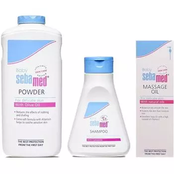 Sebamed Детская присыпка, 200 г и для малышей (Дети) Шампунь 150 мл и детское массажное масло, 150 мл