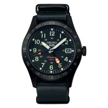 Мужские часы Seiko 5 Sports SSK025K1 Механические GMT Ремешок из черной кожи SBSC013 чёрный