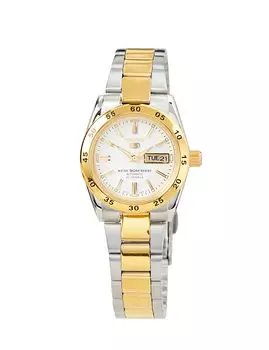 Seiko 5 SYMG42K1 Ladies Watch, Reimported from Japan, Automatic with Manual Winding, Day-Date Calendar, White Dial, Gold Index.