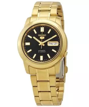 Seiko 5 золотых тонов из нержавеющей стали с черным циферблатом, 21 камень, автоматические мужские часы SNKK22K1