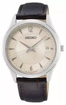 Seiko Analog Quartz Watch with Leather Strap Men s SUR421P1, Silver, Strap.