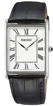 Seiko Часы SEIKO мужские квадратные кварцевые SWR049 с белым циферблатом и черным кожаным ремешком [Параллельный импорт]