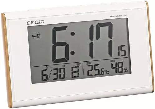 Часы Seiko с будильником, радио, цифровой календарь, дисплей температуры и влажности, светло-коричневый узор под дерево SQ771B SEIKO Белый белый