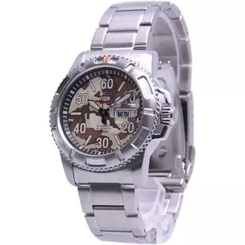 Seiko мужские SRP221K1 (Seiko5 5 Sports SS Браслет 10BAR BE) Круглые часы из серебристой нержавеющей стали, аналоговые